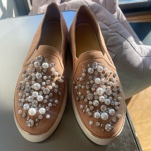 Stuart Weitzman Pearl-Embellished Nubuck Sneakers